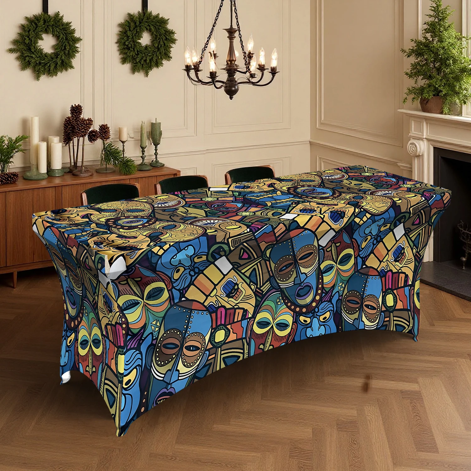 1 unidad de mantel elástico con estampado digital de máscara africana, cubierta de mesa elástica para exteriores de verano de 4/6/8 pies, lavable a máquina