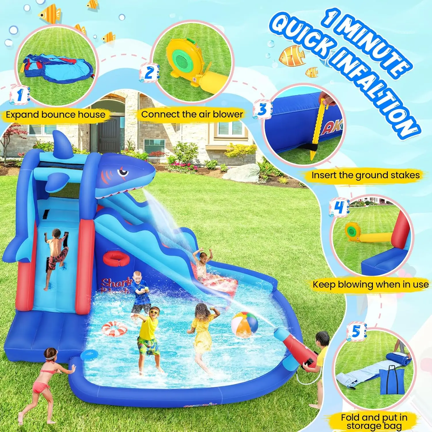 Shark-Themed Inflatable Water Park for Kids: Outdoor Blow Up Water Slides with Climbing Wall, Basketball Rim, Splash Pool & Water Cannon for Backyard Fun view 6
