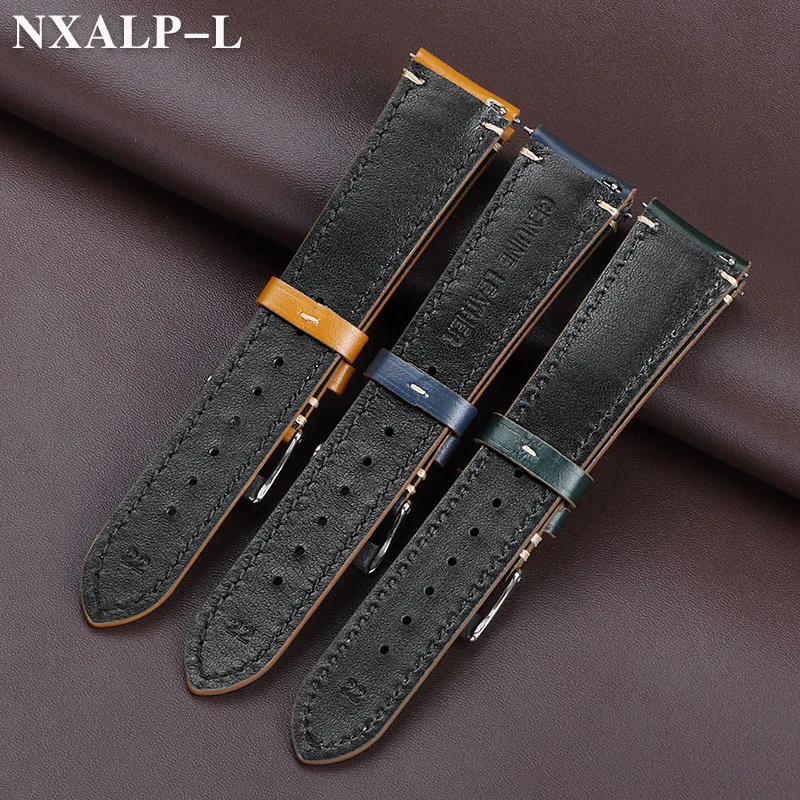 Cowhide Watch Strap 20mm 22mm 24mm Quick Release Oil Leater Band Replacement Wristband Handmade Stitching Watchband Pin Buckle