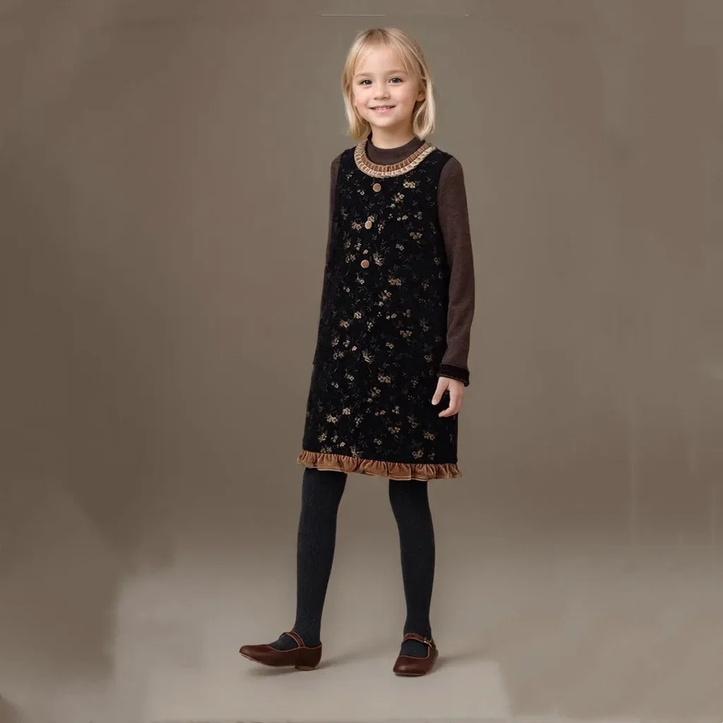 Big Children's Winter Sleeveless Vest Vintage Flowers Dress Sleeveless Vest Warm and Comfortable Girls Clothes  Kids Dresses