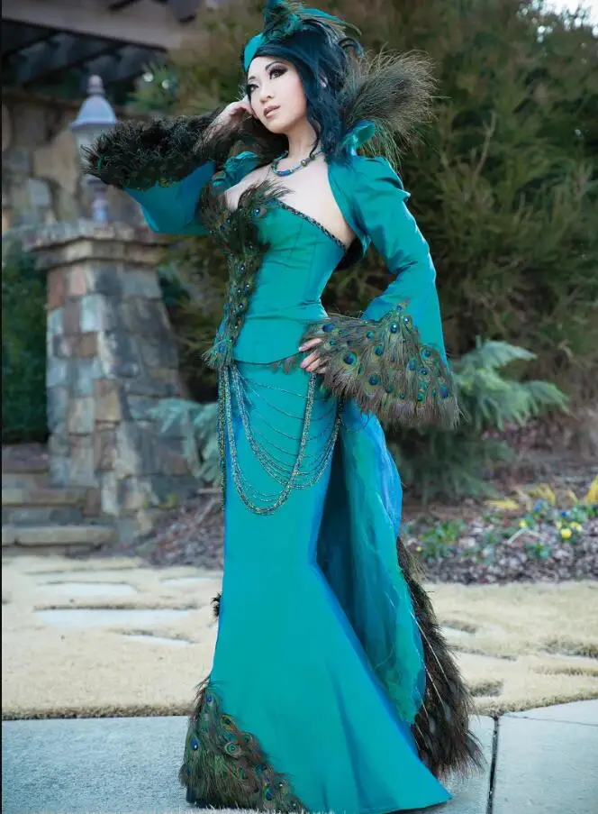 Original Peacock Costume Sewing Pattern Prom Dresses with Long Sleeve Movie Teal Blue Mermaid Lace-up Corset Evening Gown