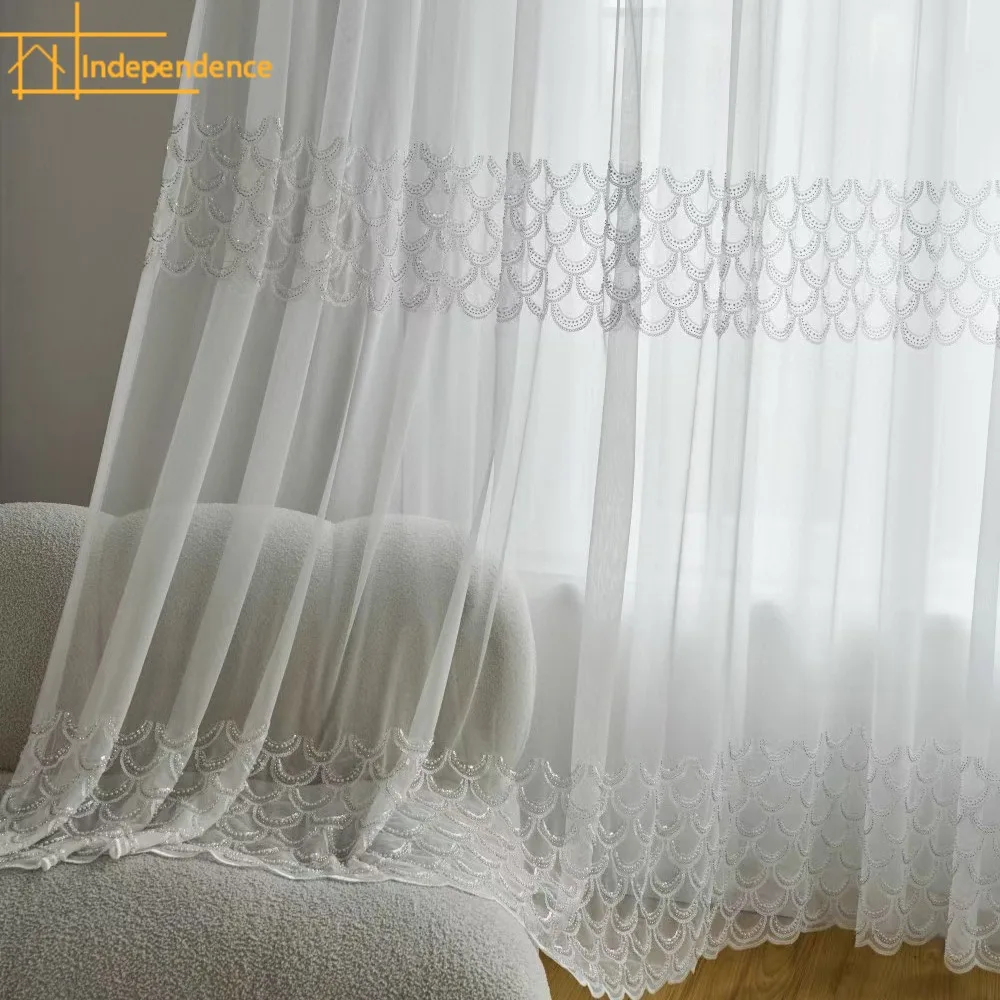 Customized Sequins Pearl Reliefs Embroidered Window White Screen Curtains for Living Room Bedroom French Window Balcony Floating