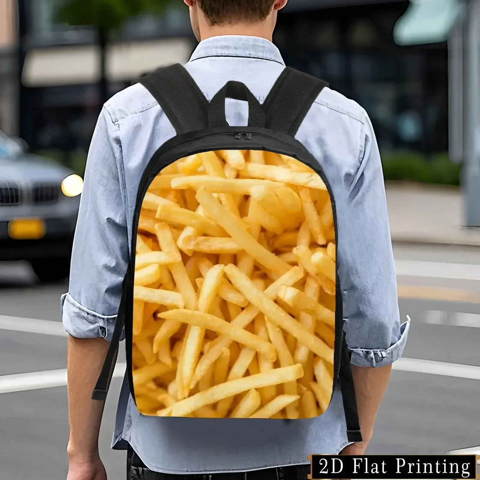 Custom French Fries Print Backpack Lightweight Large Capacity Foldable Daypack With Adjustable Straps & Side Pockets, Casual