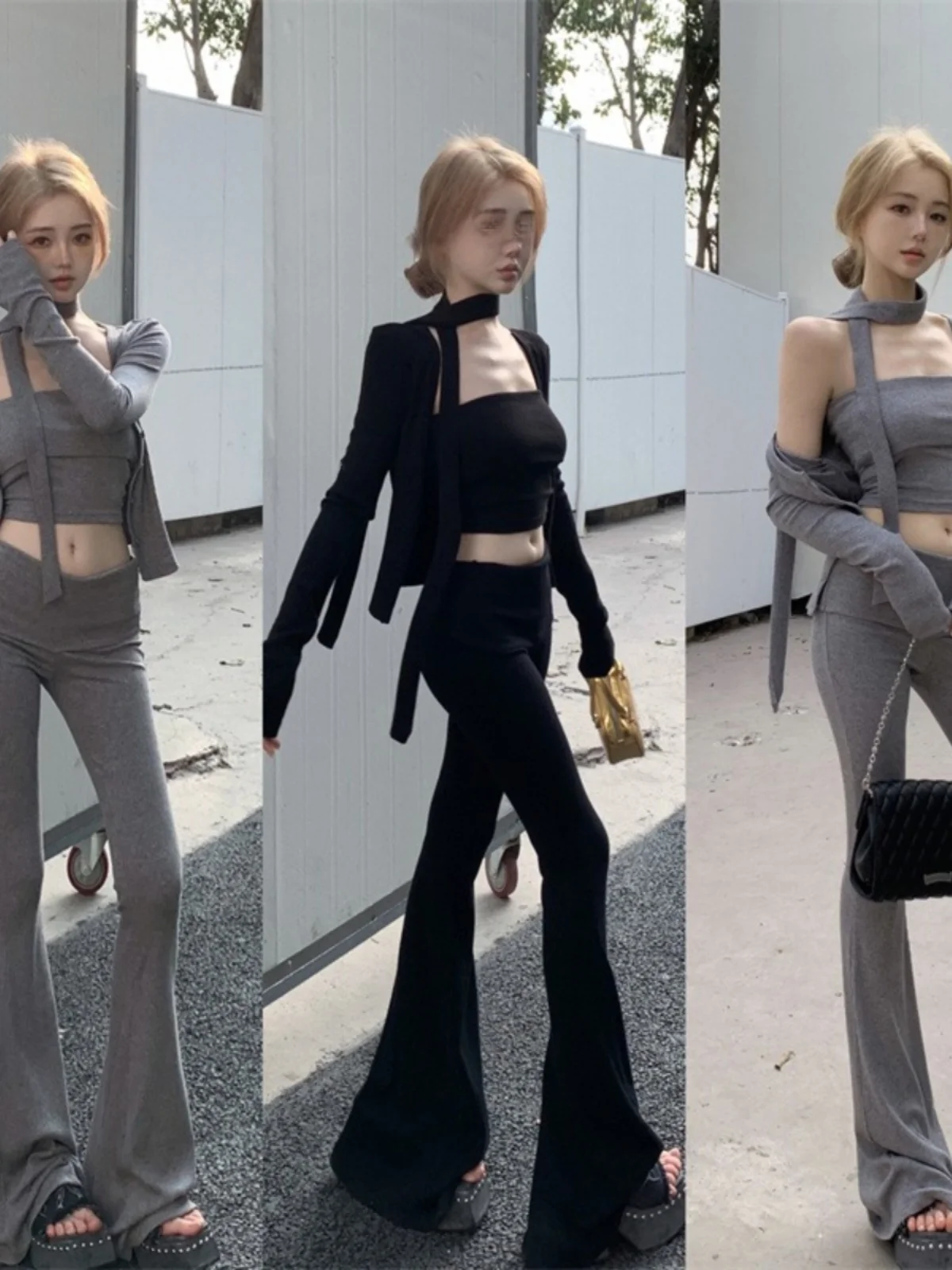 Conjunto de duas peças com top cropped de malha casual e calça de perna larga com faixa e cardigan aberto, jeans de perna ret...