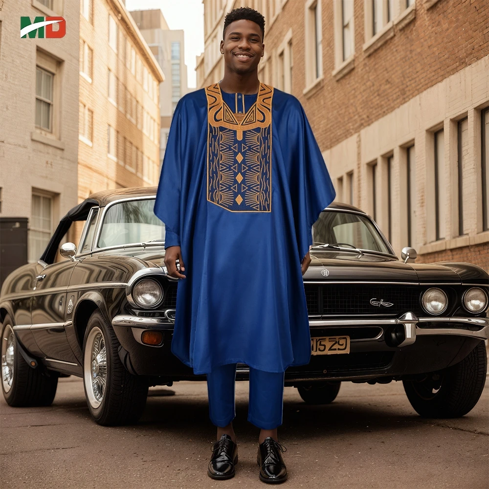

MD African Men's Traditional 3PCS Outfit Thobe Set Blue Agbada Embroidered Robe Plus Size For Wedding Church Festival Ceremony