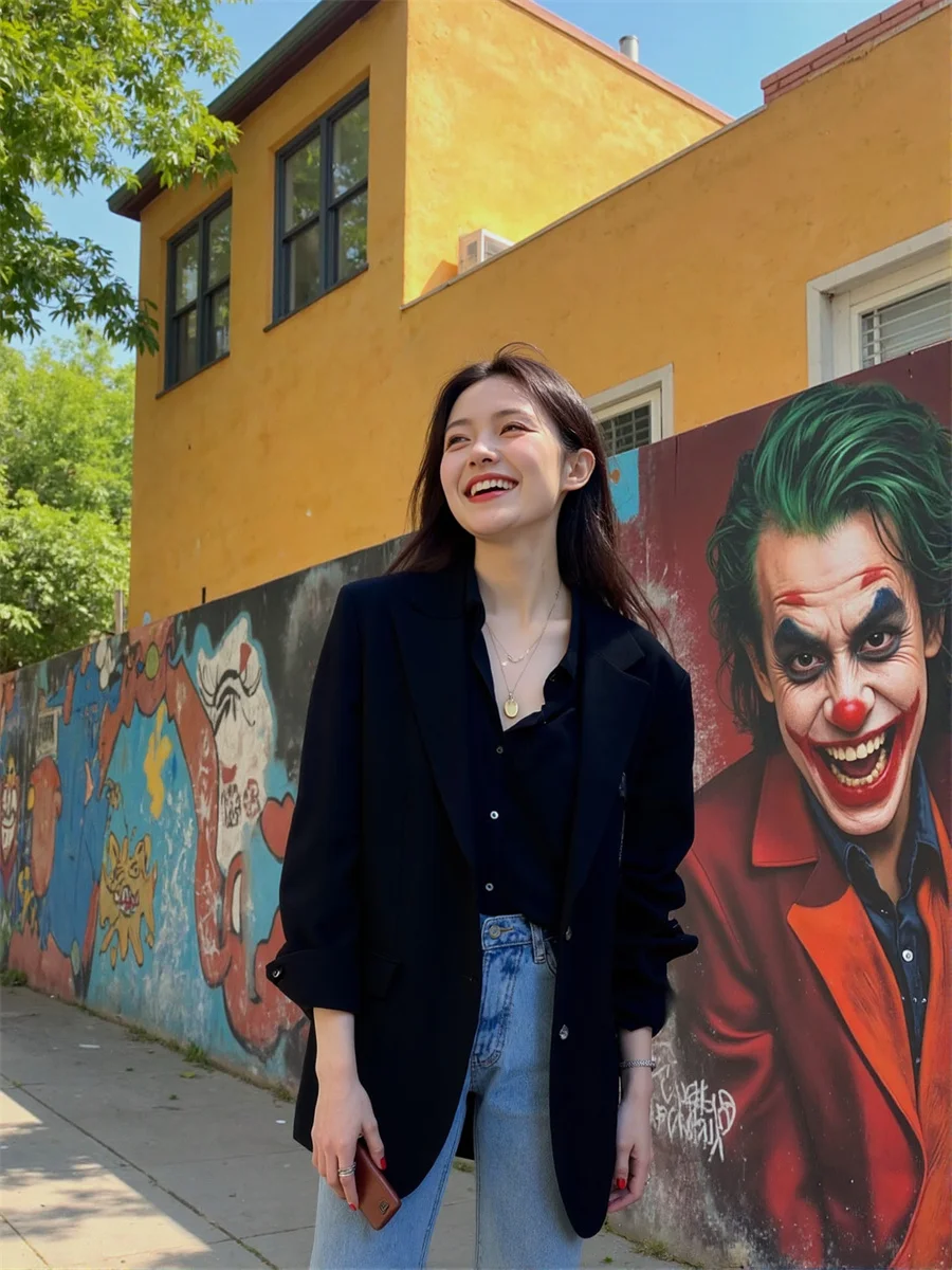 بليزرات نسائية عصرية باللون الأسود والأبيض وياقة مقلوبة ونزهات وافل مطرزة بدون أزرار ومنع مناسبة لمنفصل ضرب منتصف العمر #6