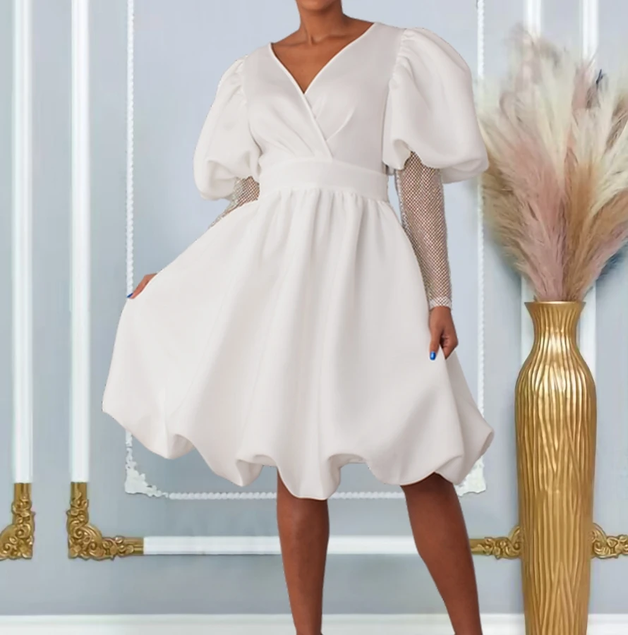 

Ladies Gift Dress V-Neck Large Swing Bubble Sleeve Banquet Dress Bridesmaid Dress Solid Color Low-Key Fluffy Dress Dress