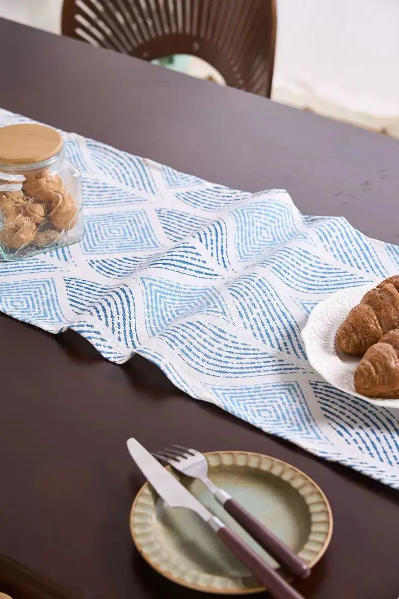 Bandera de mesa geométrica de jacquard nórdico de cebada azul, bandera de té amarillo, bandera de cena, mantel largo de algodón y poliéster pastoral