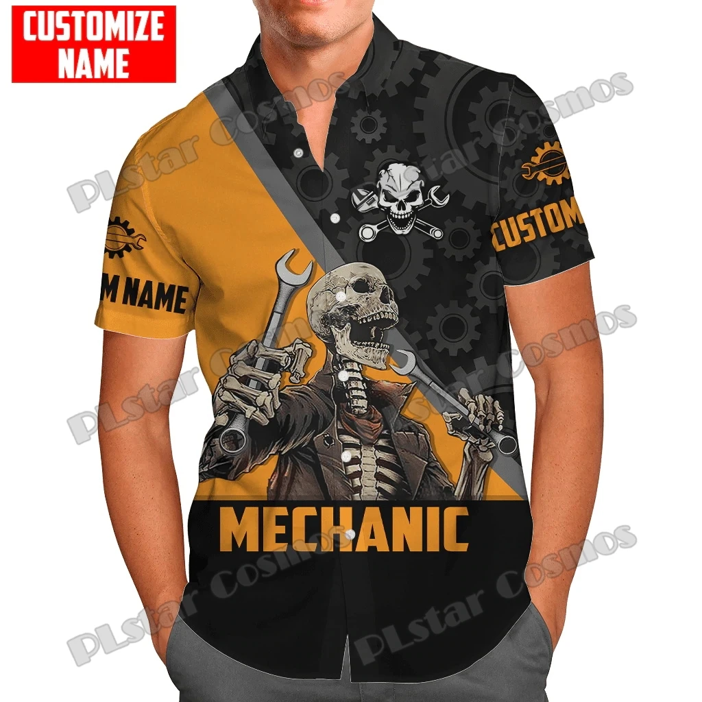 Personalized Name Auto Mechanic Skull 3D Printed Men's Hawaiian Shirt Summer Unisex Casual Beach Short sleeve button shirt SH08