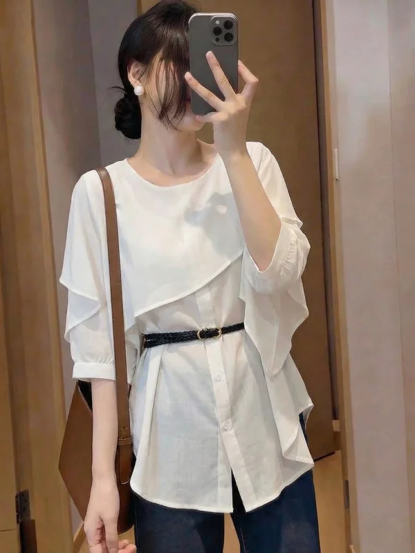 

Elegant Women's Short Sleeve Chiffon Shirt Slim Fit Shoulder Commute Style Korean Version plus Size Spring Summer New Arrival