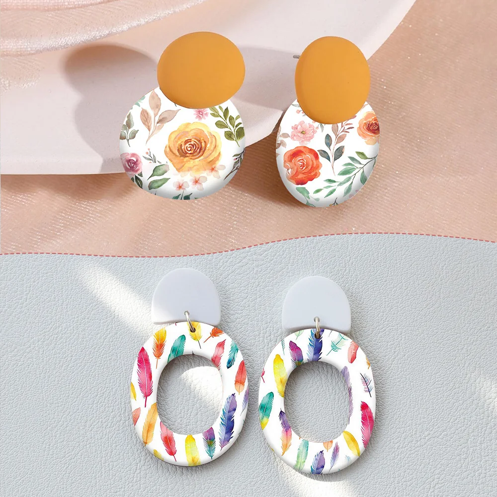 Charming High Heels Feather Rose Flowers Soft Ceramic Earrings Water Transfer Paper Sticker For Jewelry Making