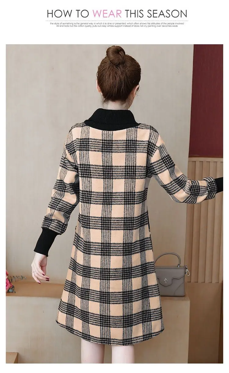 Fat Mm Age Reducing Mid Lengte Rok Vrouwen Herfst Winter Nieuw Item Plus Size Hoodie Losse Flesh Blocking Plaid Hoge Hals Jurk