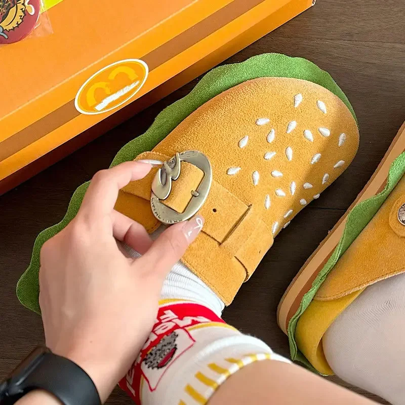 Thick Bottom Hamburger Half Slippers Women Autumn Outdoor Wear 2024 Comfortable Cork Sole Casual Lazy Shoes Kick Boken Slides