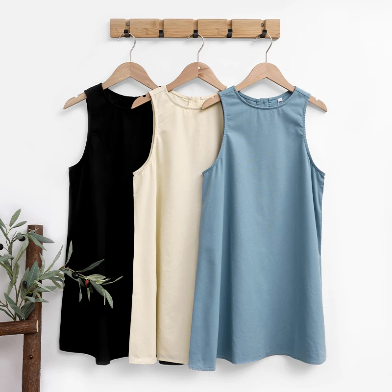 Klassieke effen kleur katoen-linnen damesjurk nieuwe collectie eenvoudige mouwloze tankjurk casual zomerjurken met ronde hals