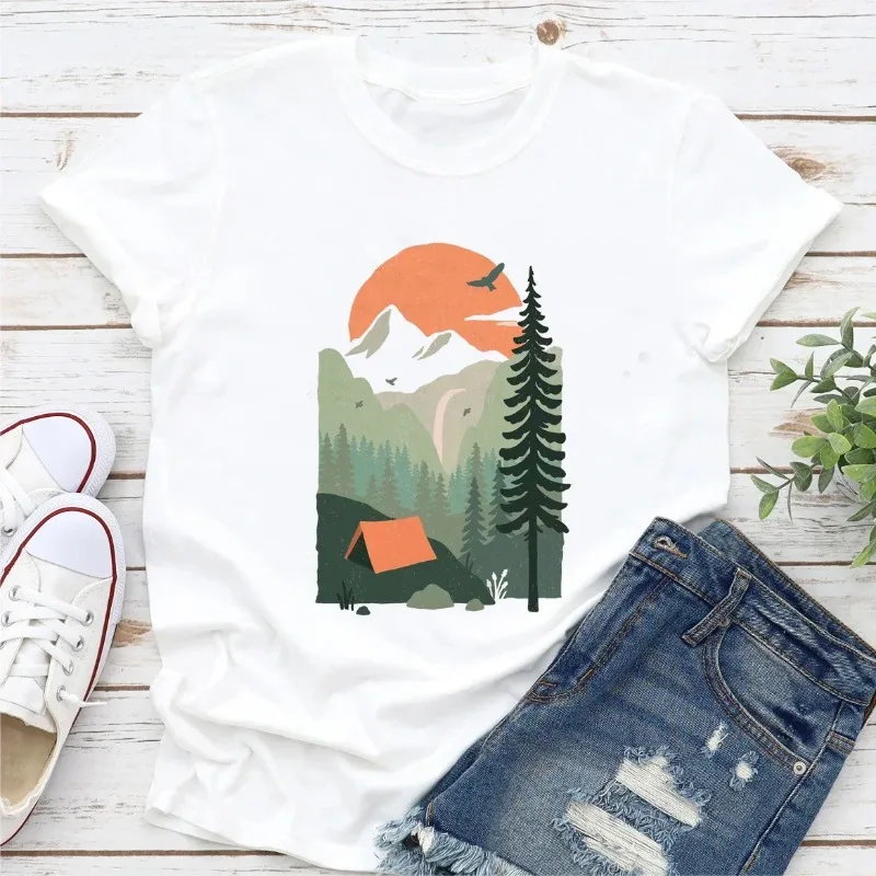 Fashion Trend Tops Women Print Cotton T-shirt Leisure Women's Camp Shirt Summer Leisure New Travel Camping Pattern T-shirt