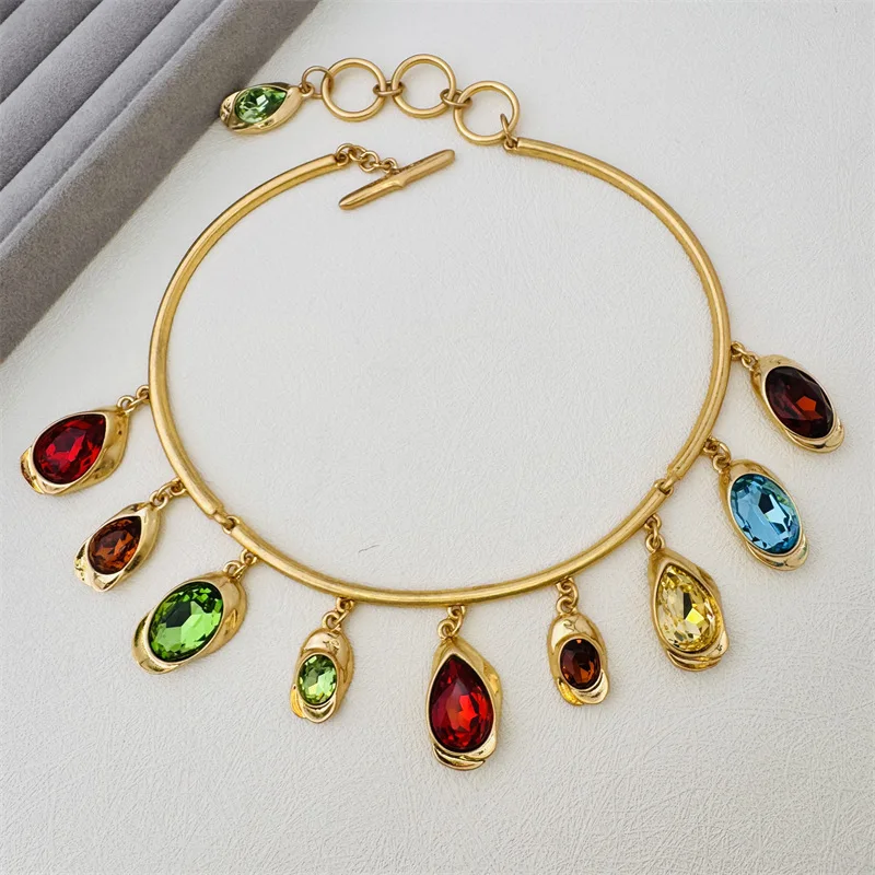 Os Colorful Crystal Choker Collar,Smooth Gold-plated Torque Ring with Multi Rhinestones Necklace for Women Fashion Party Jewelry