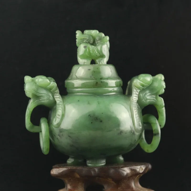 

China Natural hetian green Jade Hand Carved statue dragon rings bottle pot d15