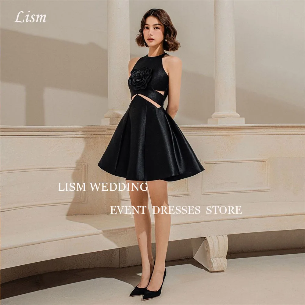 

LISM Sleeveless Black Prom Dresses O-Neck A-line Evening Dresses Fashionable Simple Handmade Flower Satin Daily Dresses