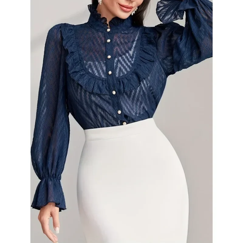 Damska bluzka z długim rękawem, nowa modna koszula z puszystymi rękawami, falbanką i zapinana na guziki.