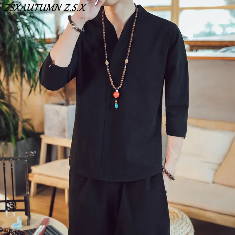 Chinese Style Summer Tang Suit Tops Japan Harajuku Yukata Feather Cardigan Kimono Men\'s Cotton Linen Bottoming Shirt Hanfu Male