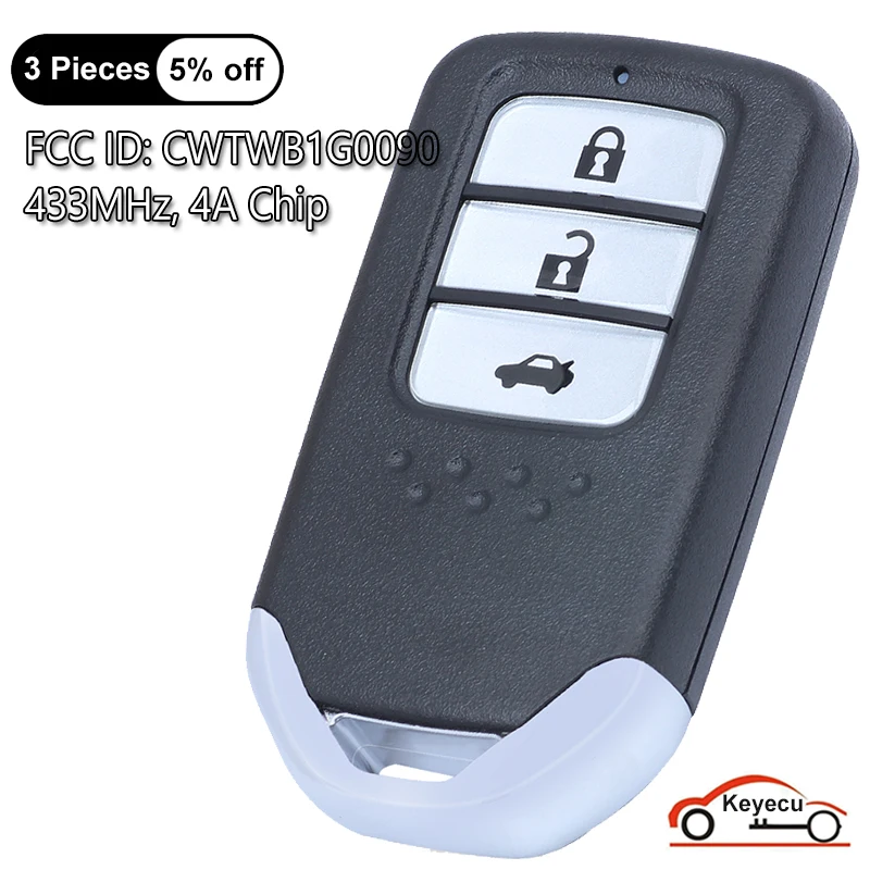 KEYECU 3 Buttons 433MHz 4A Chip for Honda Accord 2018 2019 Auto Smart Remote Control Key Fob Replacement FCC ID: CWTWB1G0090