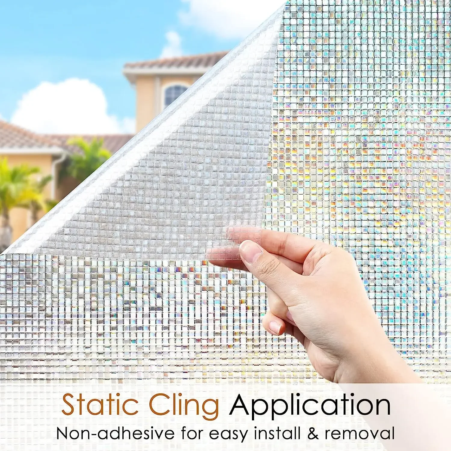 Window Privacy Film Stained Glass Window Film Mosaic Static Cling Decorative Window Vinyl Removable Rainbow Window Tint for Home