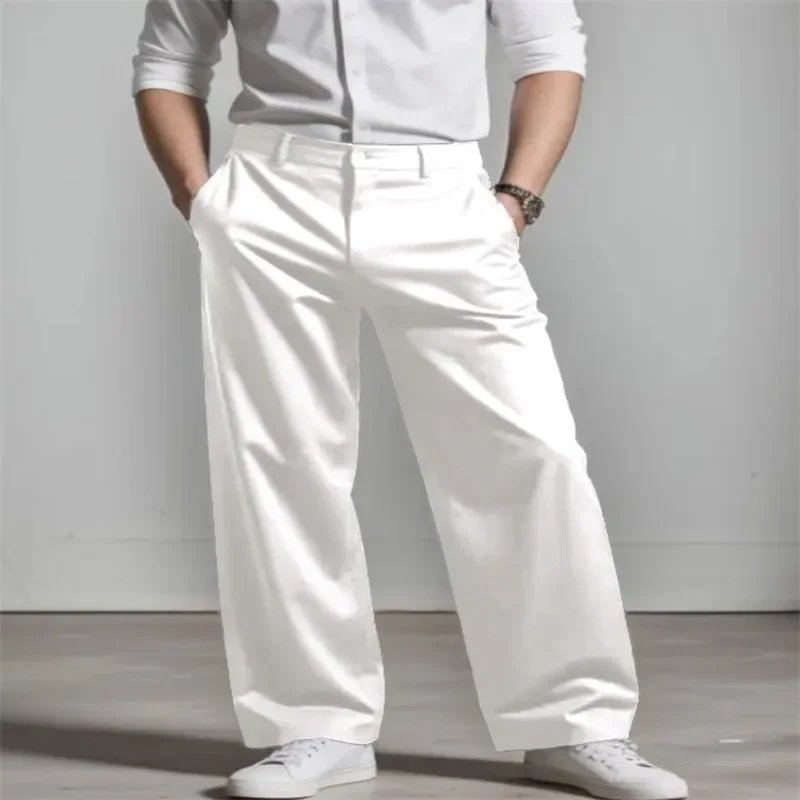 European American New Fashion Solid Color Pleated Straight Simple Basic Casual Suit Pants for Men Male Floor Length Trousers