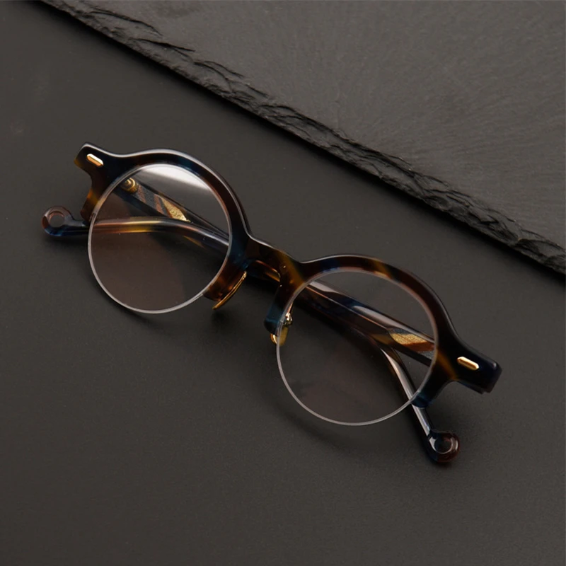 

Vintage Round Acetate Optical Glasses Frame Women Retro Semi Rim Eyeglasses for Men High Quality Half Frameless Myopia Eyewear