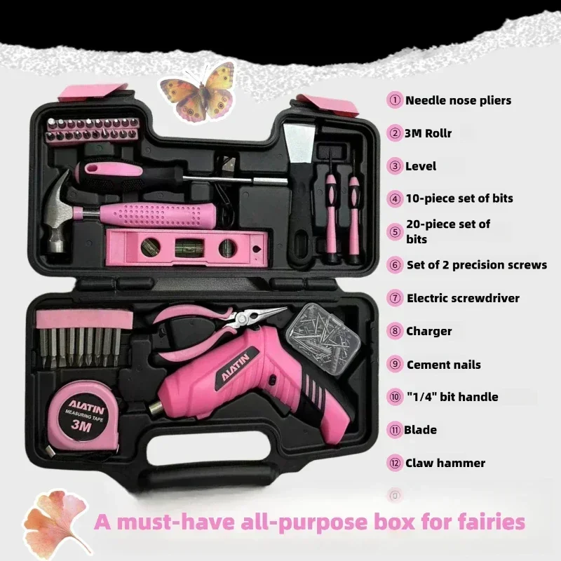 Pink Household Tool Box Set for Women with Hammer and Charging Lithium Battery Screwdriver,lady Home Repair Tools Set with Case