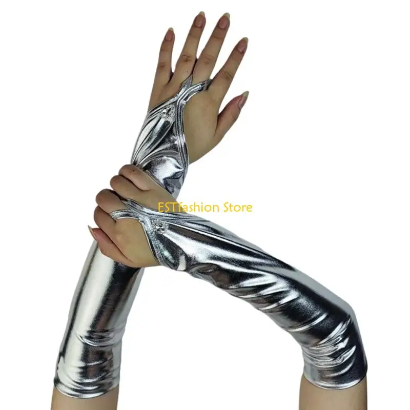 Y5GC Long Fingerless Gloves Night Club Gloves Glossy Leather Arm Sleeves for Parties