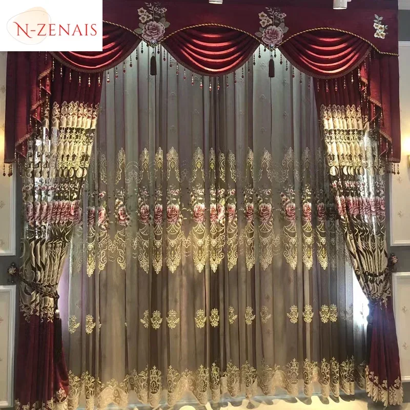 

European Red Hollow Embroidered Chenille Luxury Curtains for Living Room Bedroom Dining Tulle Valance Window Blackout Custom