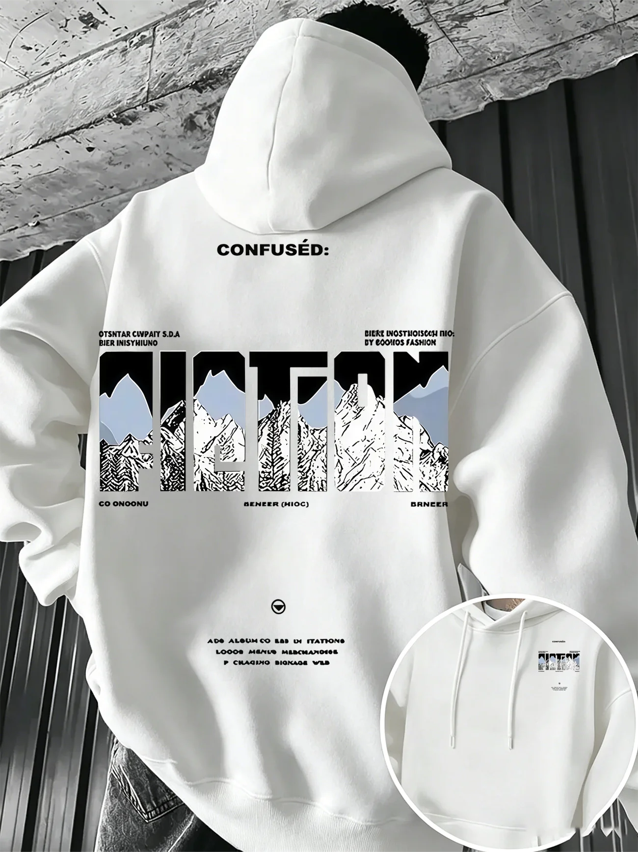 Street outdoor sport hip-hop style men's hooded sweatshirt with lettered tree and mountain peak print, casual long-sleeved top