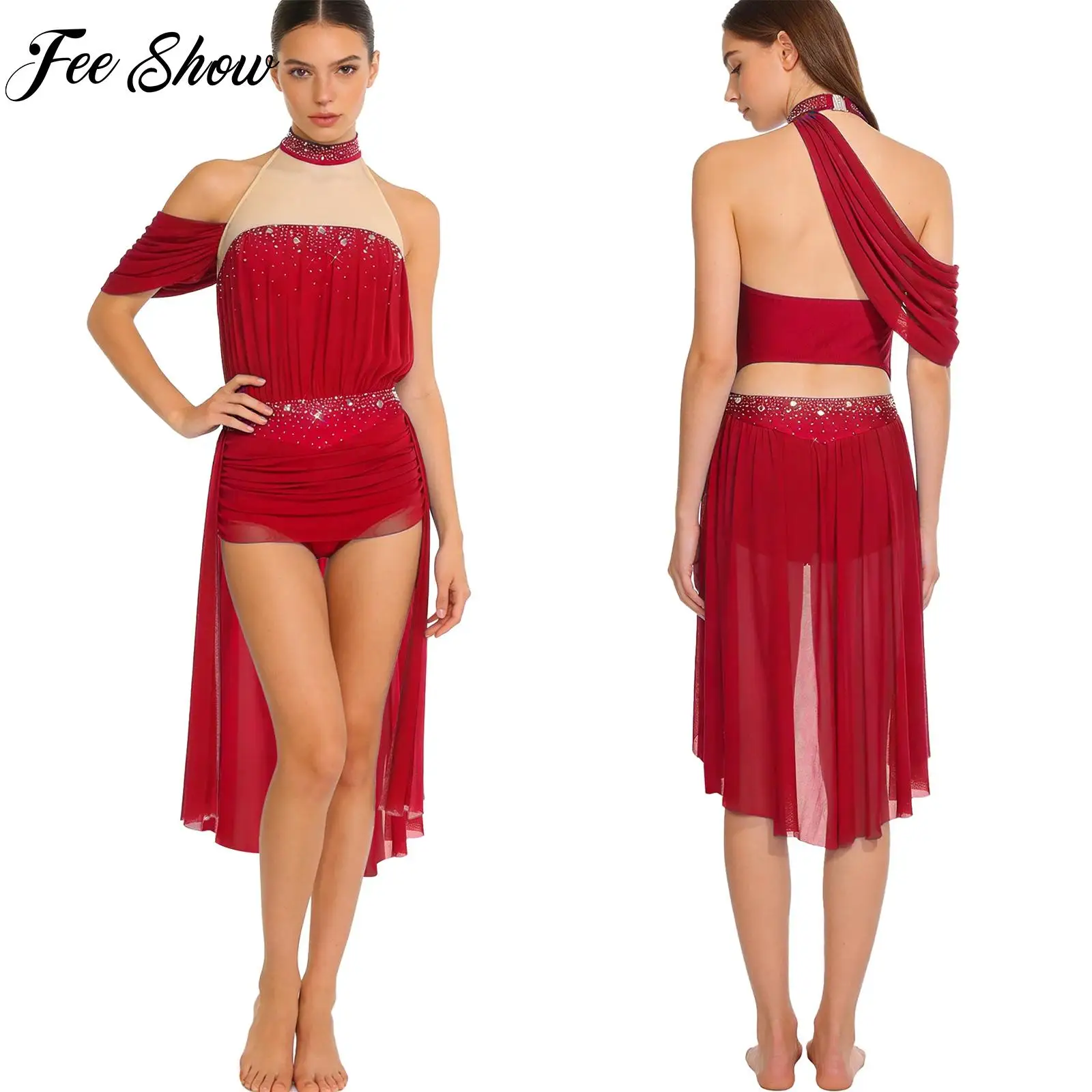 

Womens Lyrical Modern Dance Dress Rhinestone Ruched Mesh Halter Bodysuit Dress for Latin Figure Skating Performance Ballerina