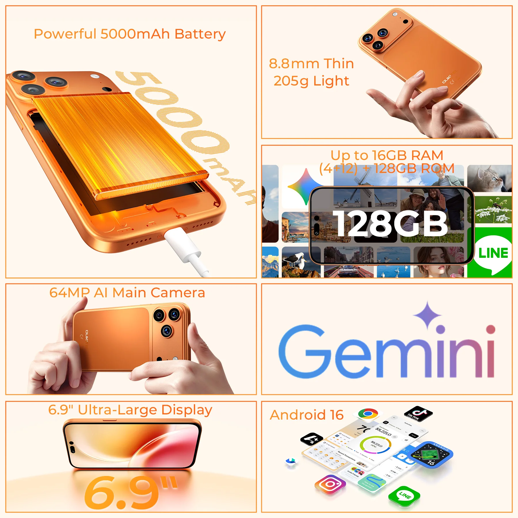 OUKITEL C17 PLUS Smartphone Global Version 6.9'' 16GB(4+12)+128GB 120Hz NFC Gemini AI
