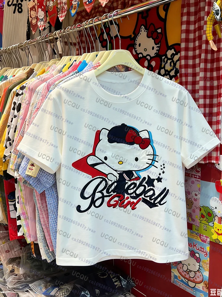 

Baseabll Girls Hello Kitty Graphic Print Cotton T-shirt Y2k Cartoon Loose Cosplay Tee Fashion Streetwear Family Cosplay Tee Tops