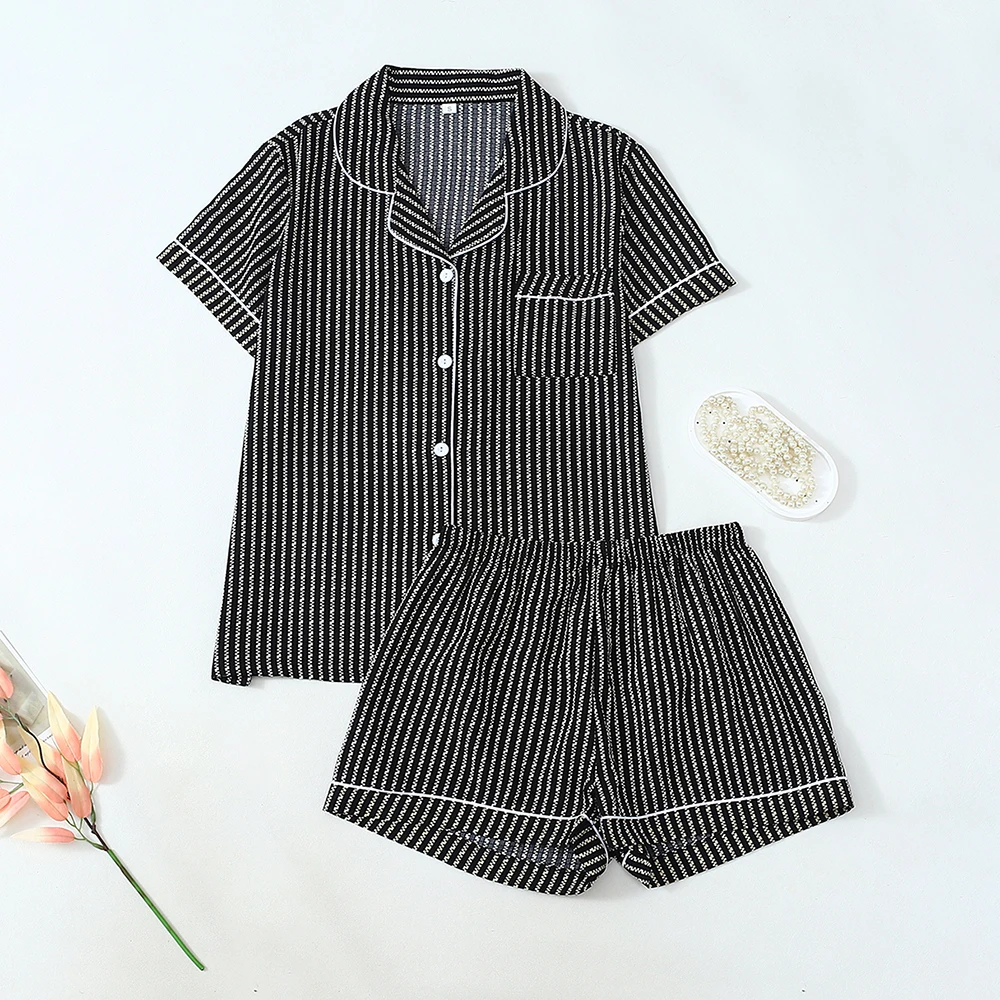 

2 шт., женский модный пижамный комплект для отдыха, классический полосатый принт, свободные топы с короткими рукавами, шорты, костюм, удобная простая одежда для сна