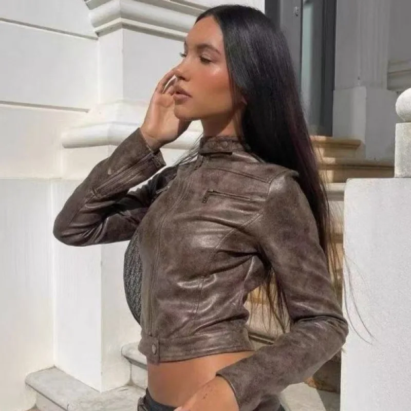 

Lioness Vintage Streetwear Biker Jacket - Slim-Fit Distressed Short Leather Jacket for Women