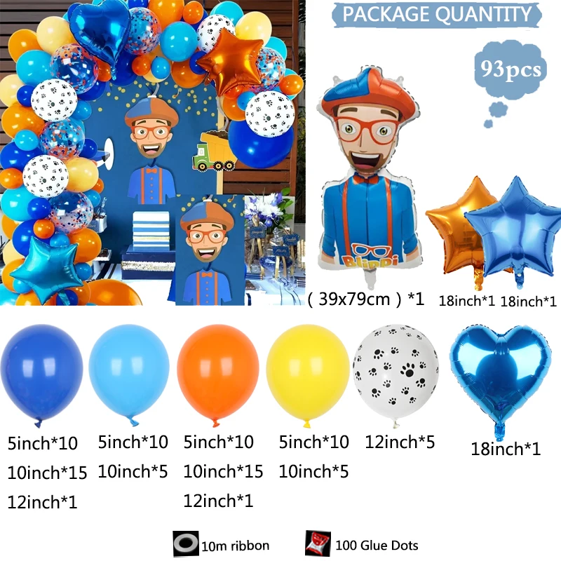 93pcs Blippi Themed Balloon Arch Set Orange Blue Yellow Latex Balloon Boy Kid Birthday Party Decoration Baby Shower Kid Toy Gift