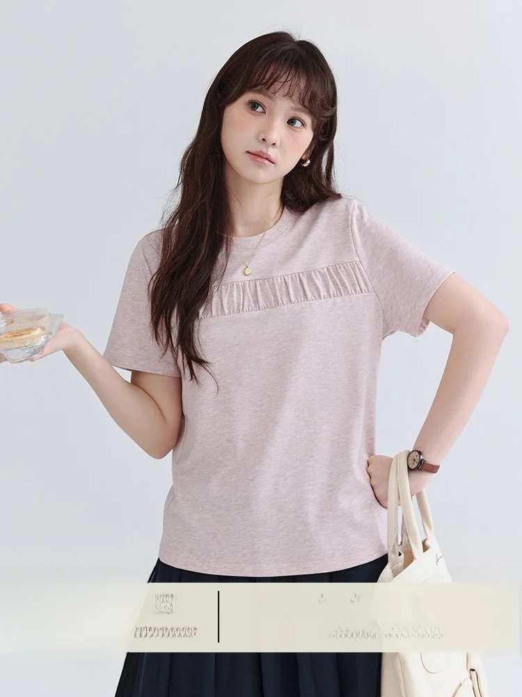 

North Island AMUU Original Girl's Pink Pleated Short Sleeve T-Shirt Women's Summer New Simple Loose Top Korean Style Commute
