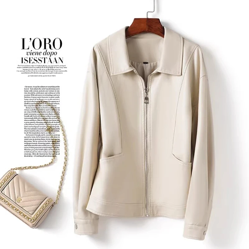 Nueva Chaqueta de Cuero Sintético para Mujer, Primavera-Otoño, con Cuello Camisero, Estilo Casual y Sencillo, Chaqueta Corta