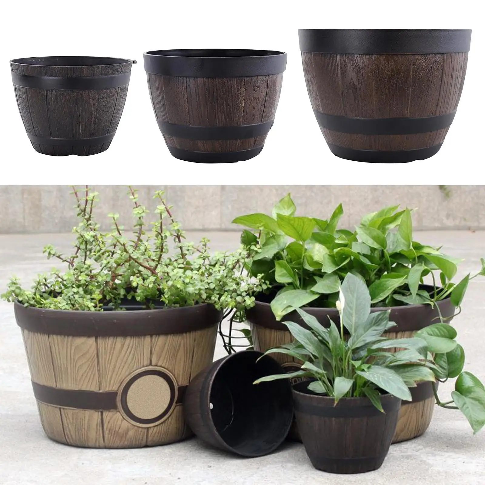 Imitation Wood Barrel Planter Pots with Drainage Outdoor Resin Plant Pot Large for Garden and Patio Decor