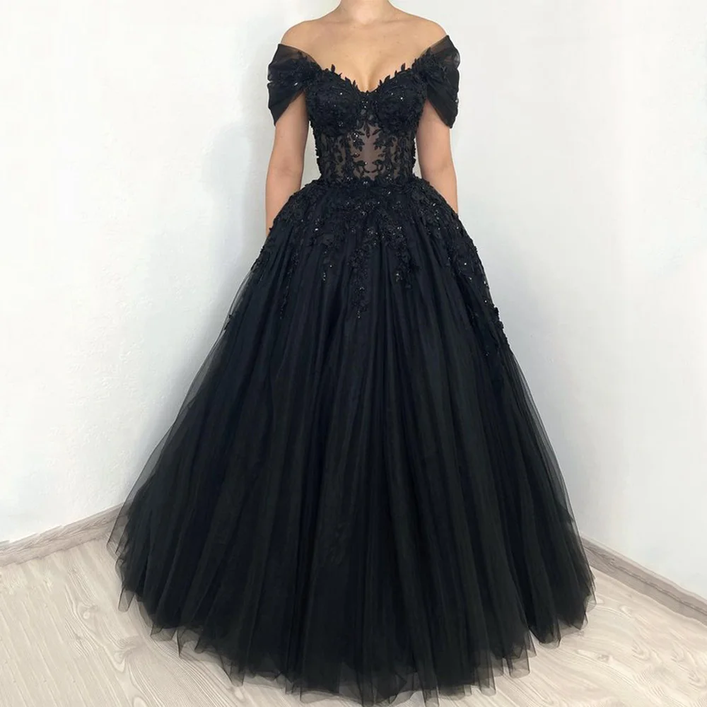 Women Gothic Wedding Dress Customized Off The Shoulder V Neck Beading Sequin Applique Swee Train Corset Black Bridal Gown