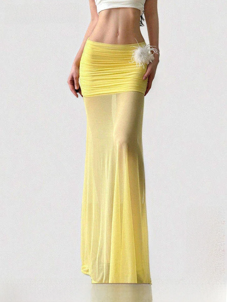 Funoff Southeast Asian Style Half Skirt with Fish Tail Netting Floral 3D Beach Holiday Long Gown Low Waist Bodycon Summer 2025