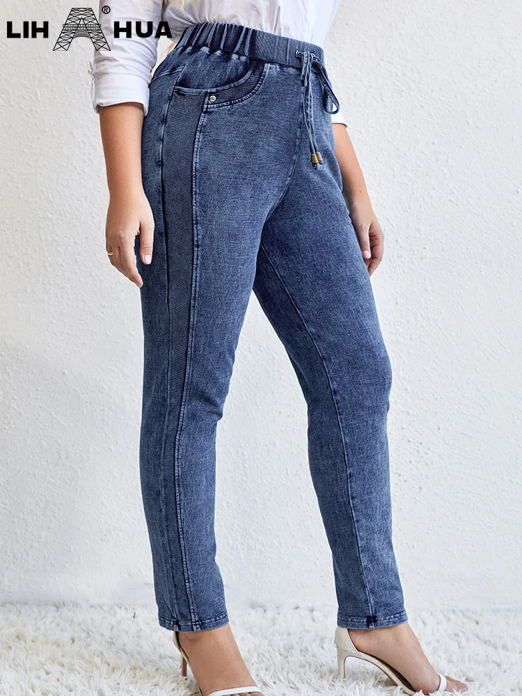 LIH HUA Women\'s Plus Size Jeans Autumn High Stretch Cotton Knitted Denim Trousers Casual Jeans