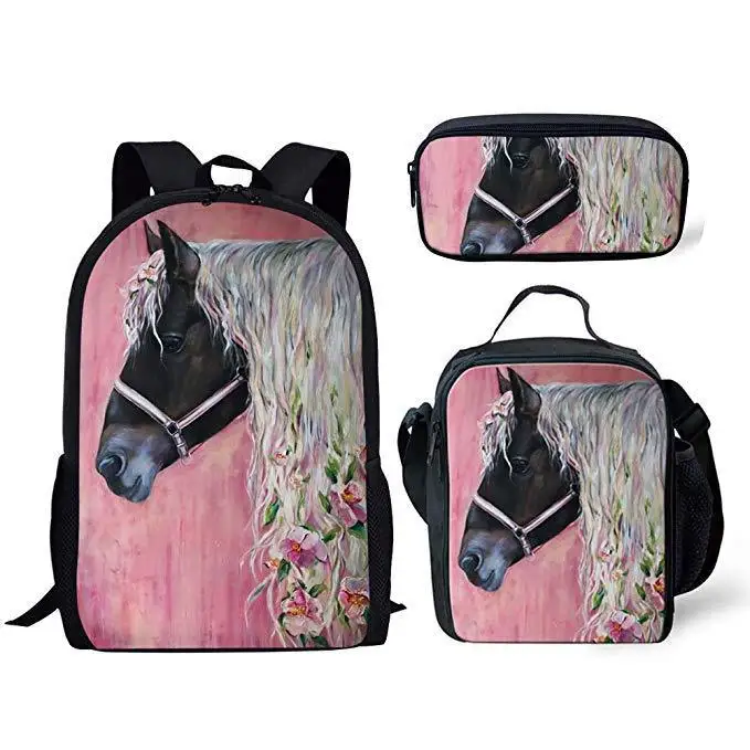 Mochila con estampado de caballos en 3D, bolsa de almuerzo, estuche de lápices, mochila de almacenamiento para Campus de estudiantes, suministros para adolescentes, niños y niñas, bolsa de libros, 3 piezas por juego