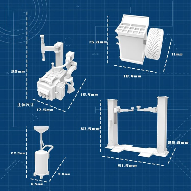1/64 Model Auto Repair Equipment Dynamic Balancing Machine Tire Scraping Machine Lifting Machine Collection Bucket Garage White