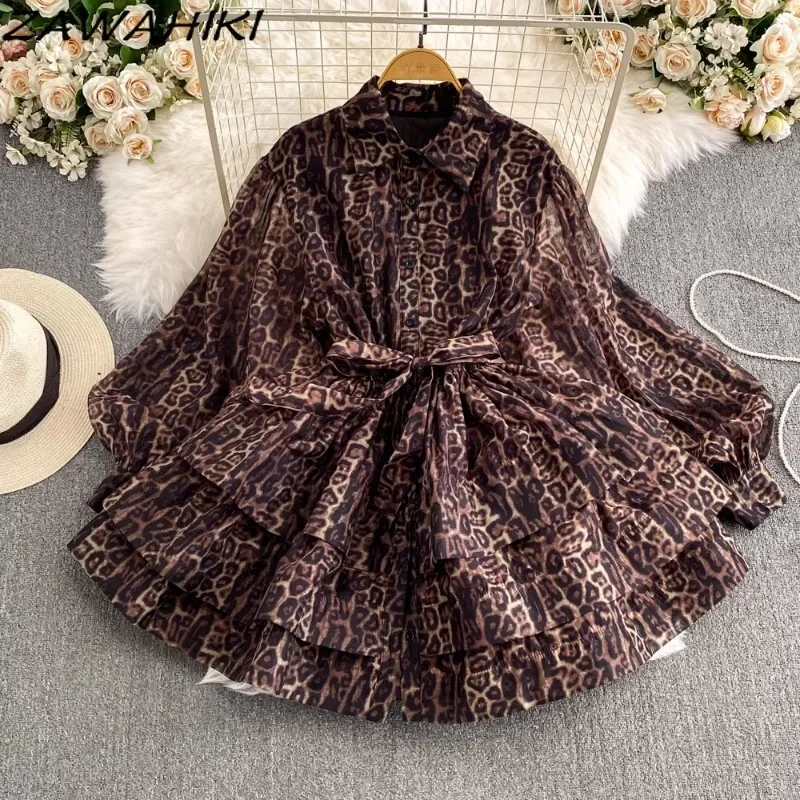 Women\'s Dress Leopard Chiffon Puff Sleeve Vestidos Temperament Pleated Patchwork Ropa Mujer Bandage Elegant Short Dresses Female