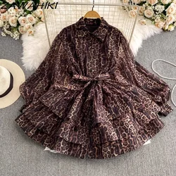 Women's Dress Leopard Chiffon Puff Sleeve Vestidos Temperament Pleated Patchwork Ropa Mujer Bandage Elegant Short Dresses Female