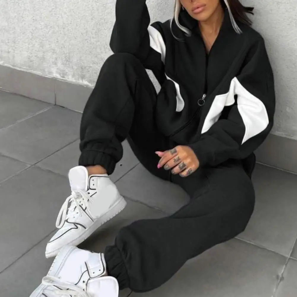 2Pcs/Set Sweatshirt Sweatpants Contrast Color Patchwork Coat Elastic Waist Pants Two Piece Set Autumn Winter Loose Tracksuit