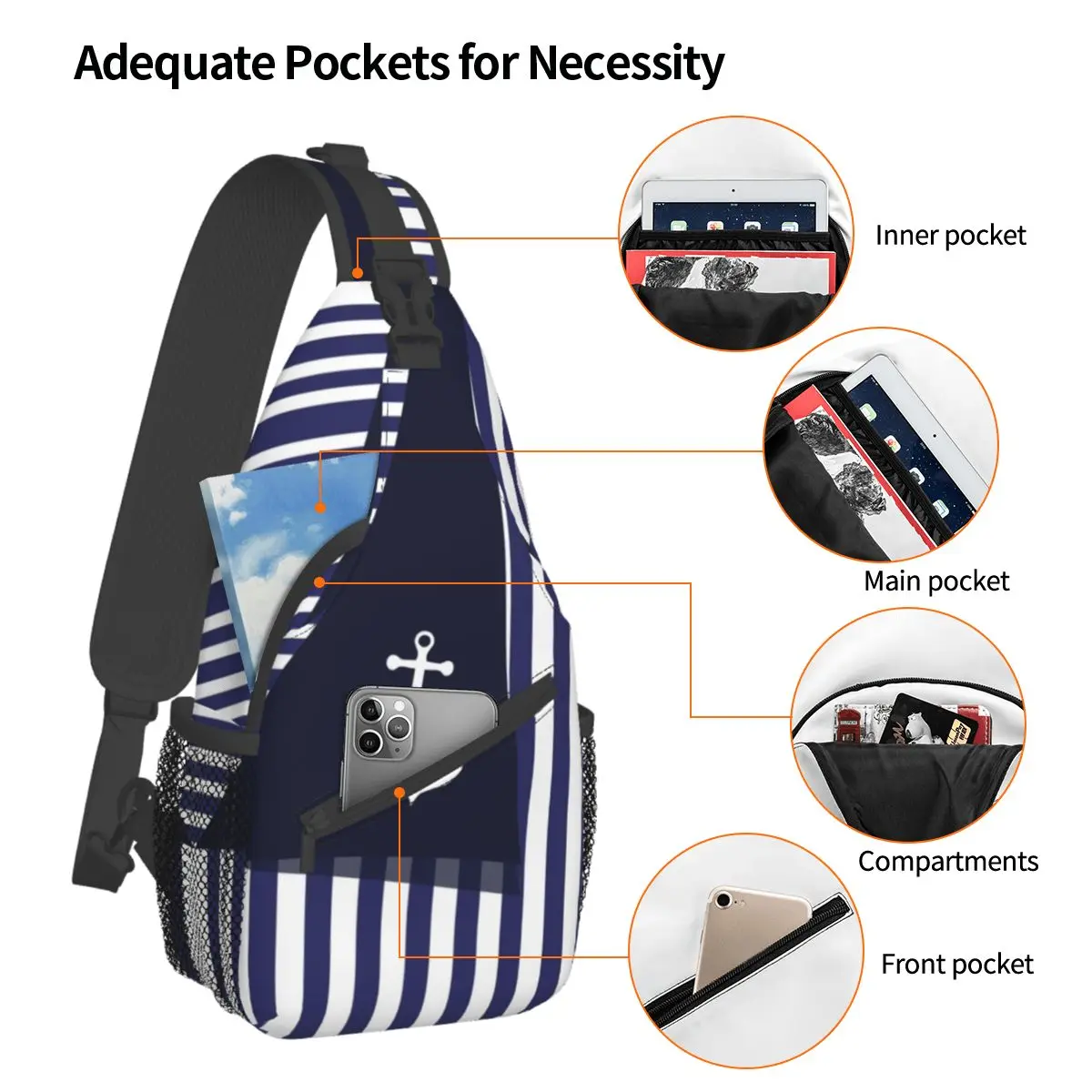 Marinheiro Stripes Âncora Pequenos Sling Sacos Peito Crossbody Ombro Sling Mochila Caminhadas Viagem Daypacks Leme Marinha Vela Marinha